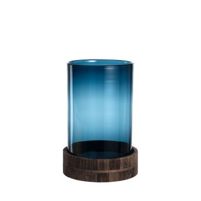 Svícen Terra s dřevěným podnosem modrý 34 cm